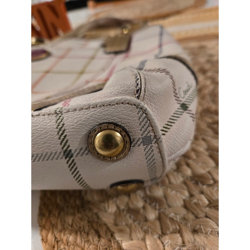VTG‎ Y2K Coach Tartan Plaid Tote Bag White Gold Leather Trim Multi Color - Picture 6 of 13